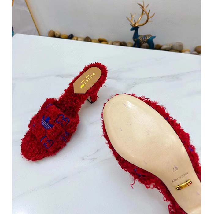 Gucci Women Adidas x Gucci Slide Sandal Red GG Trefoil Shearling-Effect Fabric