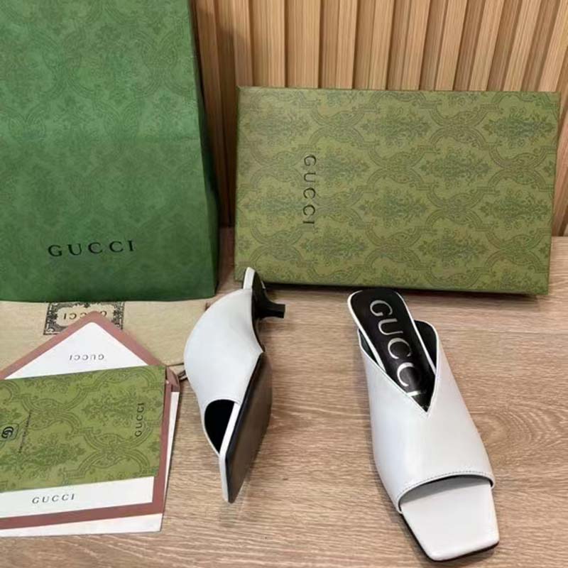 Gucci Women GG Low Heel Sandal White Leather Square Toe