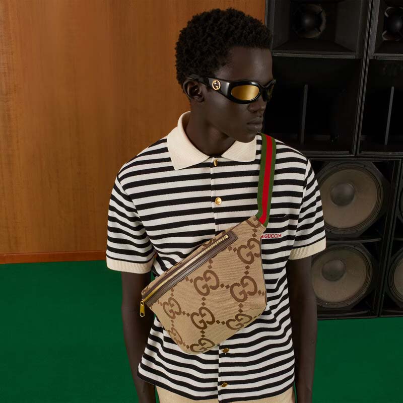 Gucci Unisex GG Jumbo GG Belt Bag Camel Ebony Canvas Zip Closure