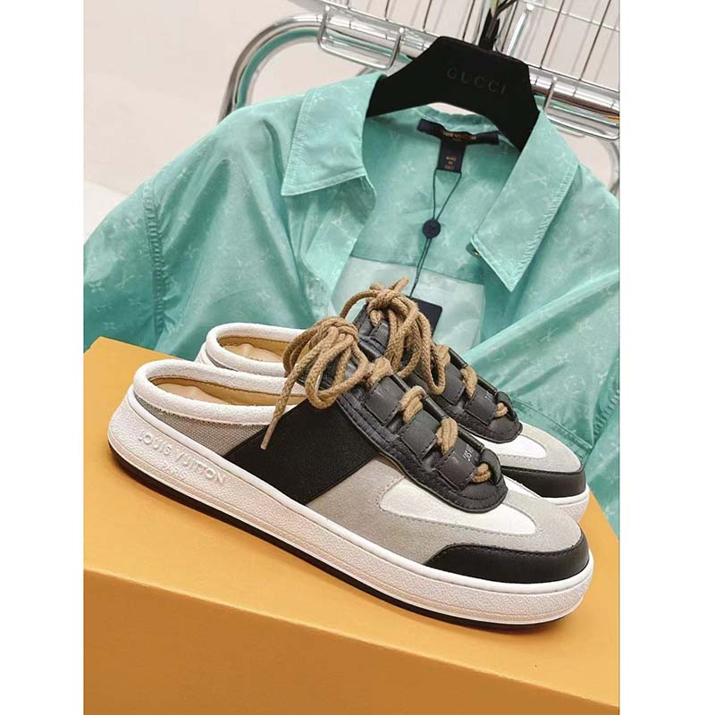 Louis Vuitton Women LV Lous Open-Back Sneaker Light Gray Suede Calf Leather Double Laces