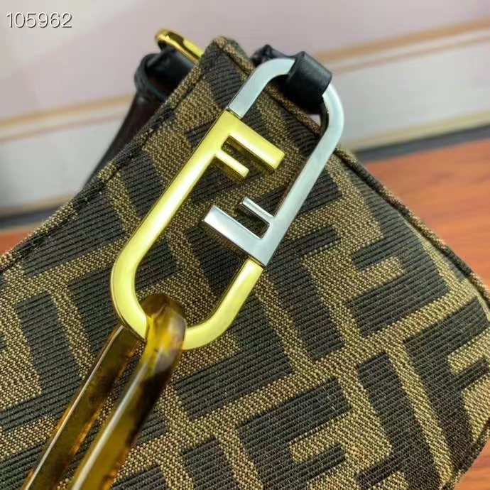 Fendi Women FF O’Lock Swing Dove Gray Tapestry Fabric Pouch