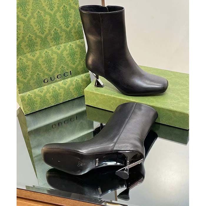 Gucci Women GG Ankle Boot Black Leather Geometric Heel Metal Inserts High-Heel