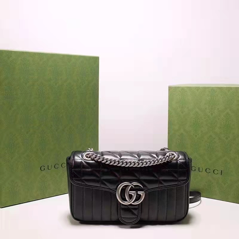 Gucci Women GG Marmont Small Shoulder Bag Black Matelassé Leather Double G