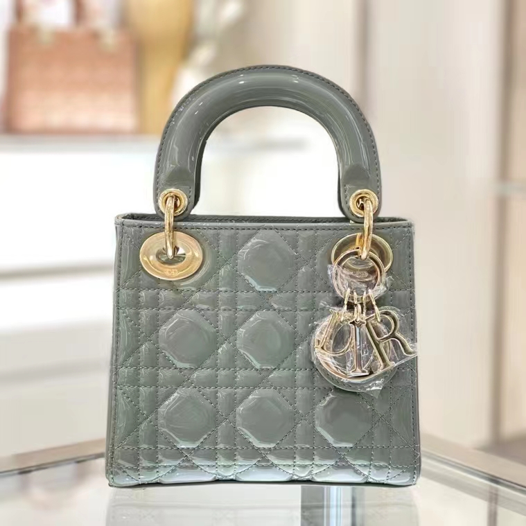 Dior Women CD Mini Lady Dior Bag Sage Green Patent Cannage Calfskin