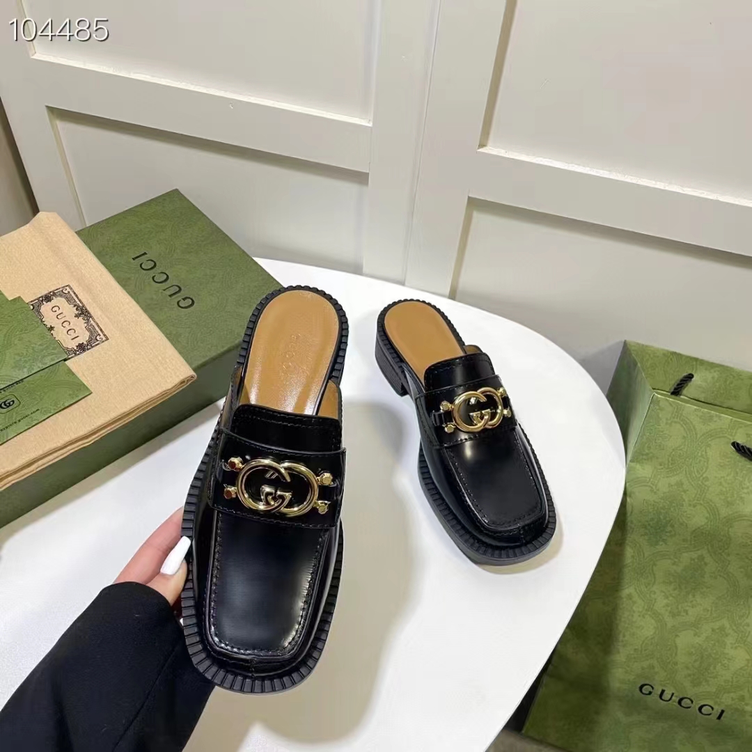Gucci Women GG Slipper Interlocking G Black Leather Low 2.5 Cm Heel