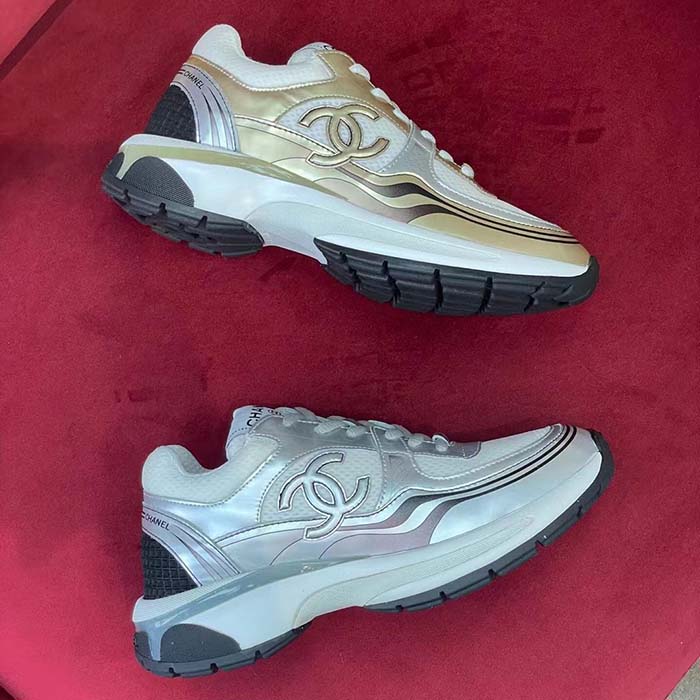 Chanel Women CC Sneakers Fabric Laminated White Silver 1 Cm Heel