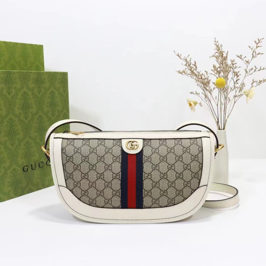 Gucci Unisex GG Ophidia Large Shoulder Bag Beige Ebony GG Supreme Canvas