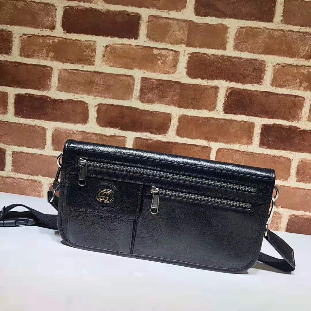 Gucci GG Men Medium Soft Leather Messenger Bag in Soft Black Leather