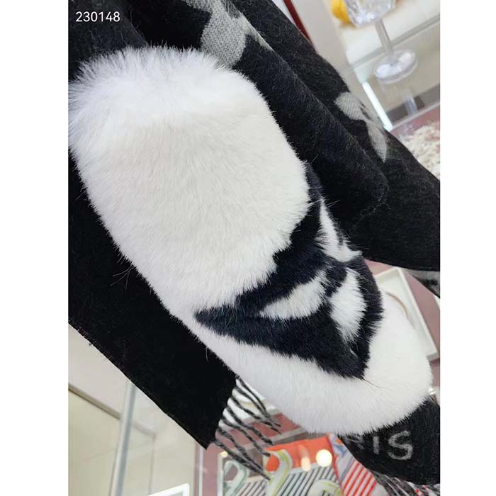 Louis Vuitton Unisex Cold Reykjavik Scarf Cashmere Mink Fur Black Jacquard LV Initials Monogram Flowers
