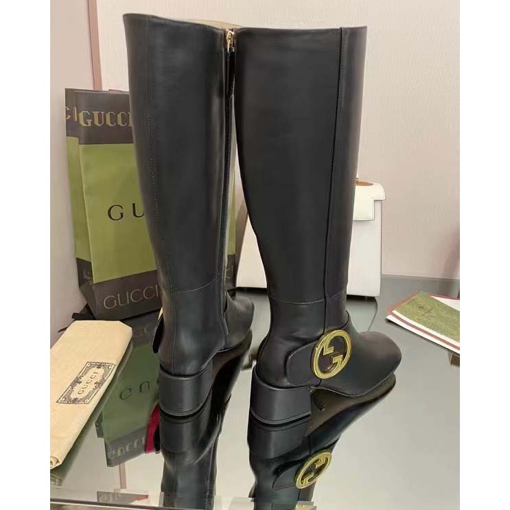Gucci Blondie Women’s Blondie Boot Black Leather Round Interlocking G Low 5 Cm Heel