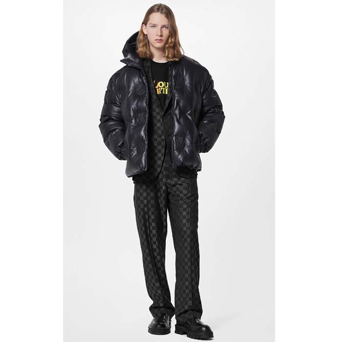 Louis Vuitton Men LV Monogram Leather Hooded Down Jacket Black Lamb Leather Anthracite Regular Fit