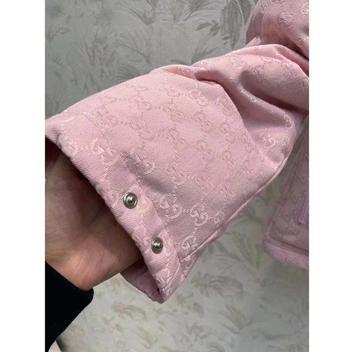 Gucci Women GG Cotton Canvas Puffer Jacket Light Pink GG Lined Interlocking G Two Front Pockets