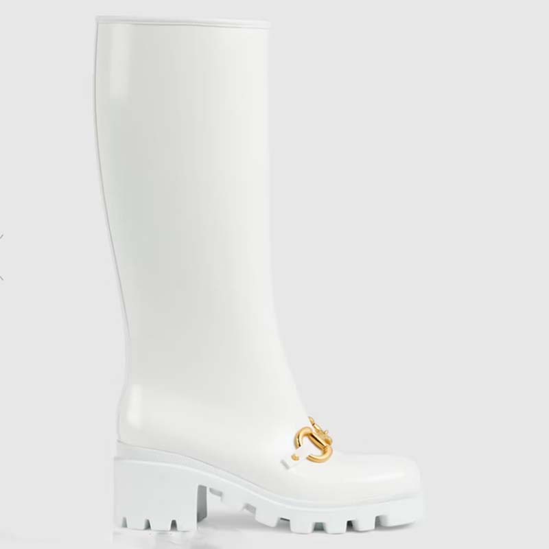 Gucci Women’s Knee-High Boot Horsebit White Rubber Sole Low 4 Cm Heel