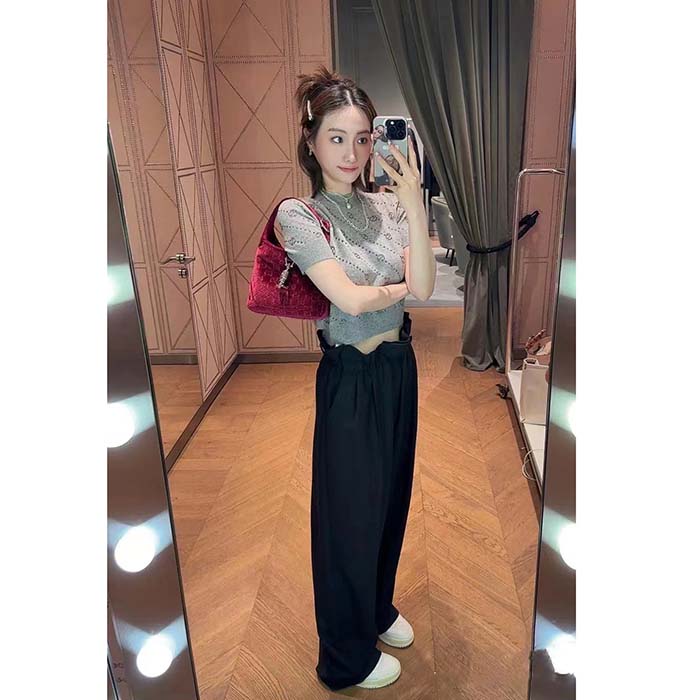 Gucci Women GG Cashmere Crewneck Interlocking G Grey Diagonal Stripe Crystals