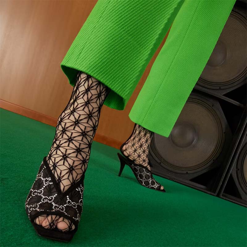 Gucci Women GG Sandal Black Mesh GG Crystals Square Toe Mid-Heel