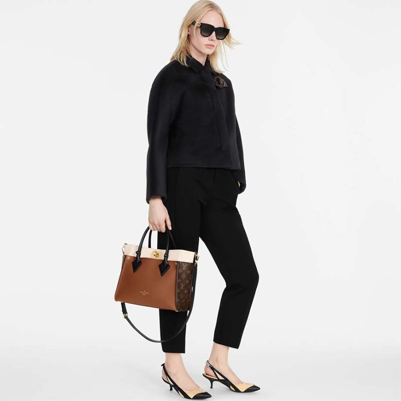 Louis Vuitton LV Women On My Side MM Tote Bag Brown Calfskin Monogram Coated Canvas