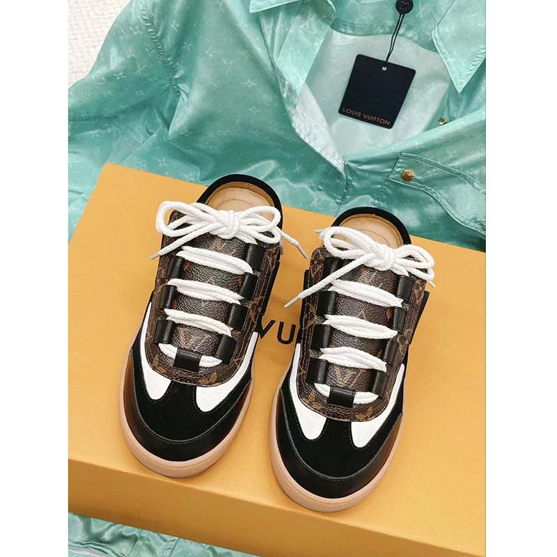 Louis Vuitton Women LV Lous Open-Back Sneaker Black Suede Calf Leather Double Laces
