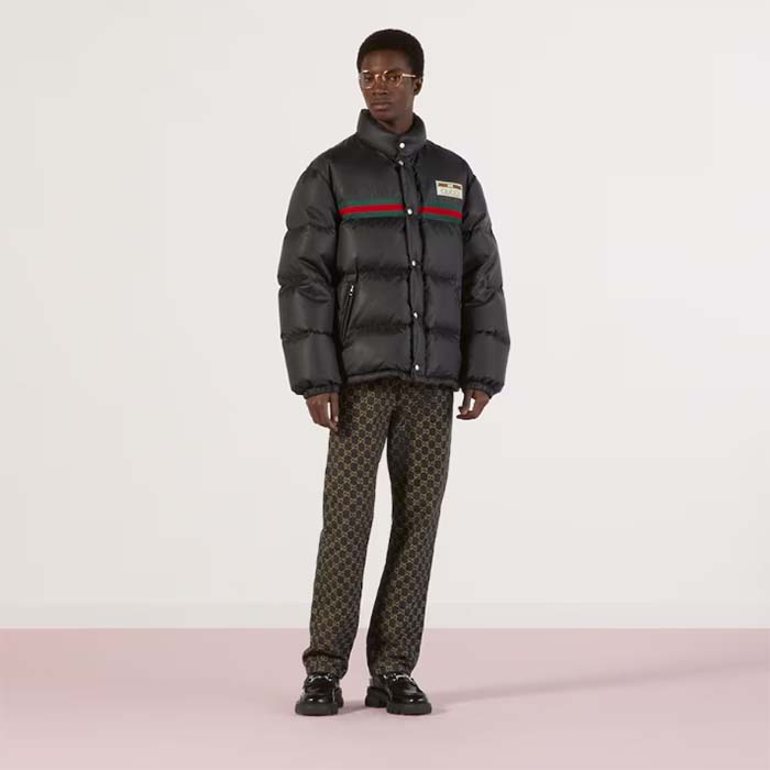 Gucci Men GG Water Repellant Down Jacket Black Water Nylon Satin Zip Front Zip Pockets