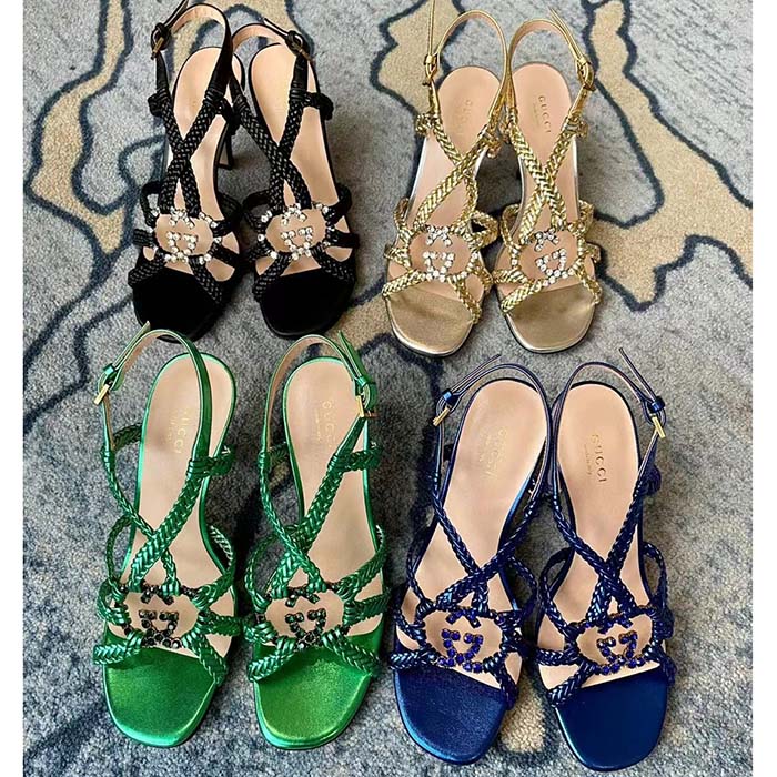 Gucci Women GG Nojum High Heel Sandal Metallic Platinum Silver Braided Leather 9 CM