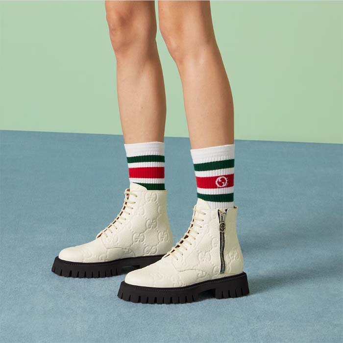 Gucci Unisex GG Leather Boots White Rubber Lug Sole Lace-Up Interlocking G Flats
