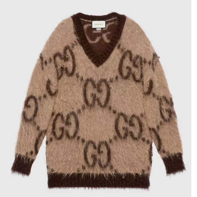 Gucci Women GG Mohair Wool V-Neck Sweater Beige Brown