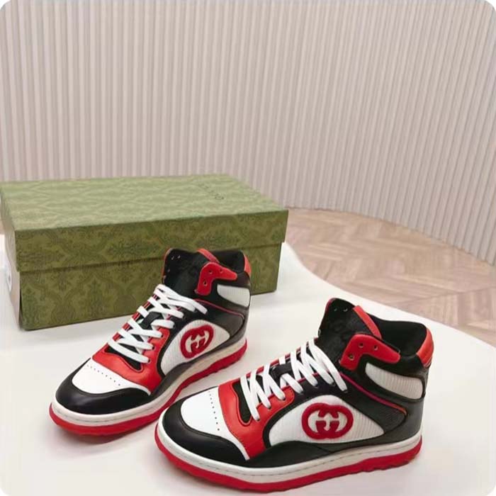 Gucci Unisex Mac80 High Top Sneaker Off Black Red Leather Round Toe Rubber Sole Flat
