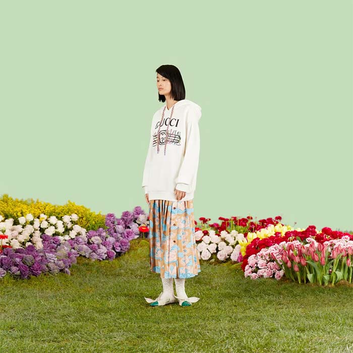 Gucci Women GG Logo Bunny Print Hooded Cotton Sweatshirt Off White Cotton Jersey