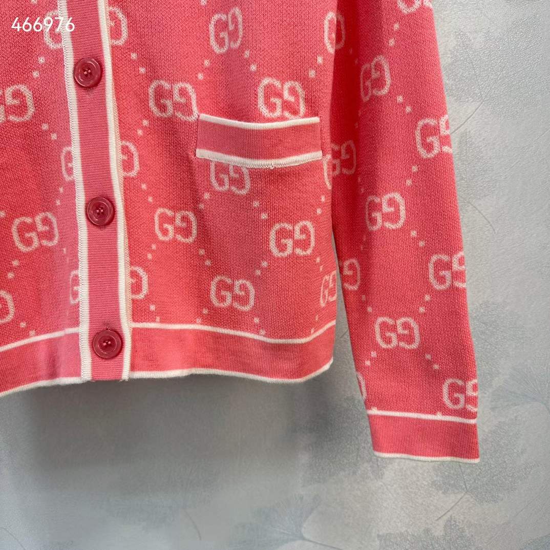 Gucci Women GG Cotton Jacquard Cardigan Pink Crewneck Long Sleeves