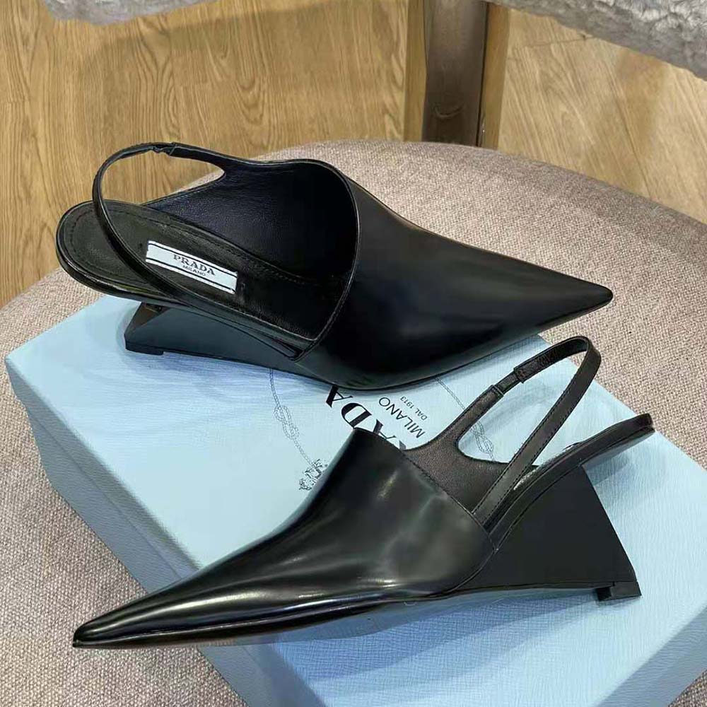 Prada Women Brushed Leather Slingback Pumps in 65mm Heel Height-Black