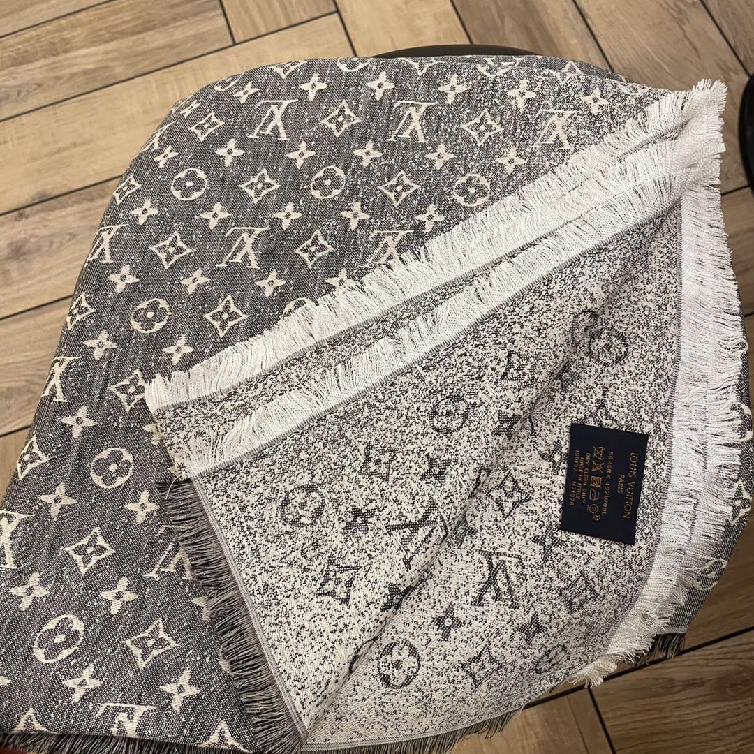 Louis Vuitton LV Unisex Monogram Jacquard Denim Shawl Gray Cotton Wool Silk