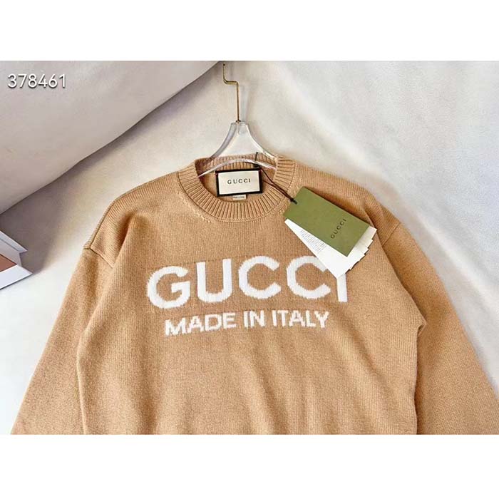 Gucci Women GG Wool Top Gucci Intarsia Camel Wool Crewneck Dropped Shoulder Long Sleeves Rib