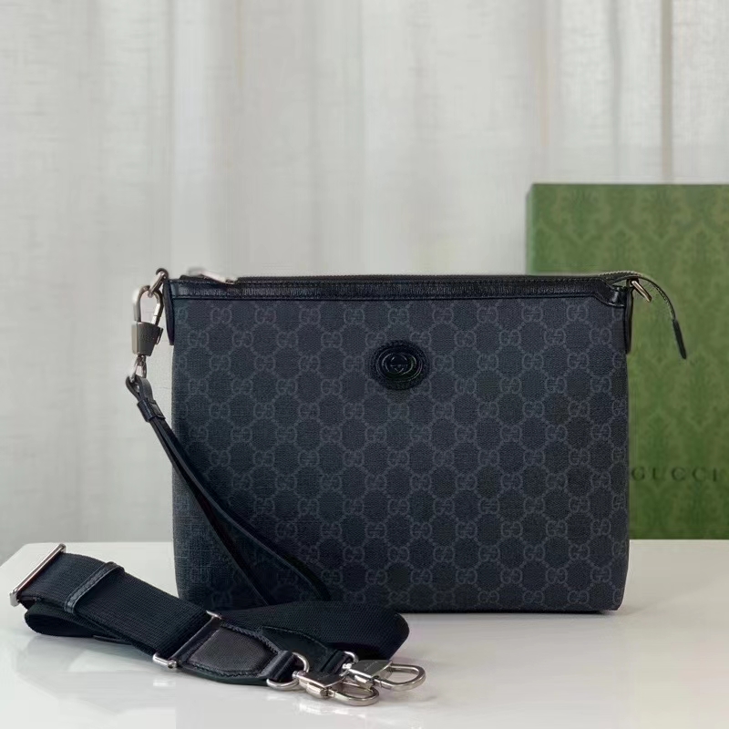 Gucci Unisex Messenger Bag Interlocking G Black GG Supreme Canvas Leather Zip Closure