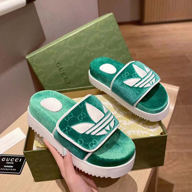 Gucci Unisex Adidas x Gucci GG Platform Sandal Green GG Cotton Sponge