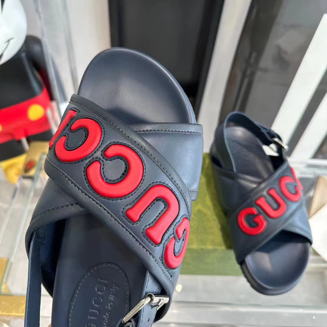Gucci Unisex GG Gucci Sandal Smooth Blue Red Leather Script Rubber Buckle Flat