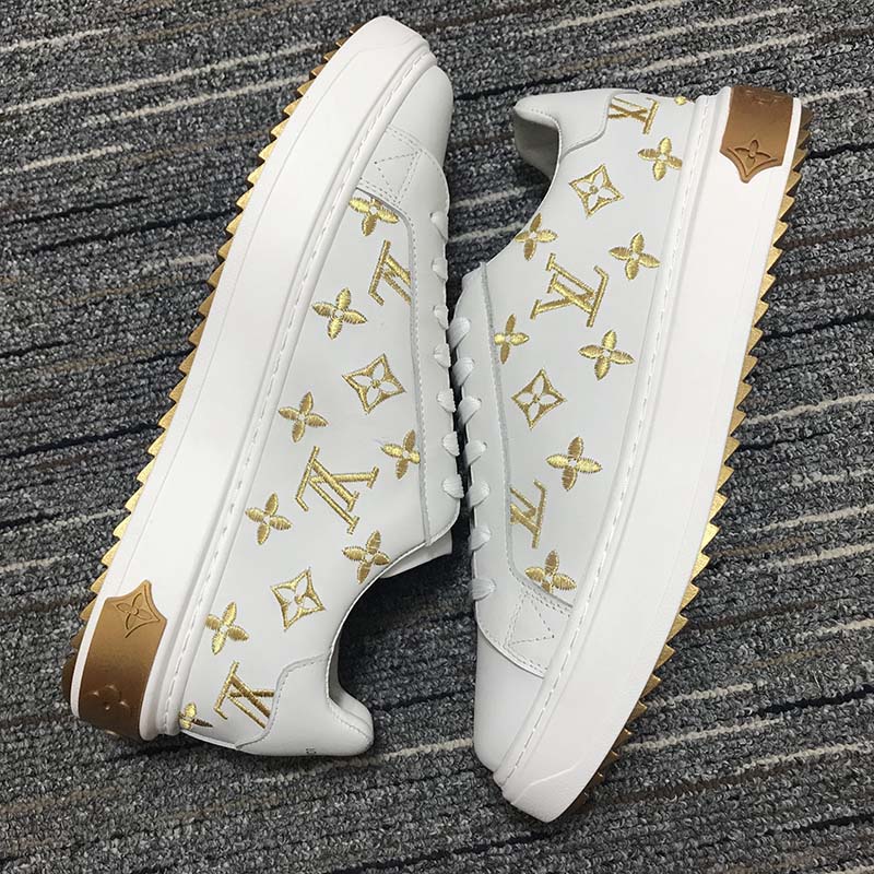 Louis Vuitton Unisex LV Time Out Sneaker Gold White Embroidered Calf Leather