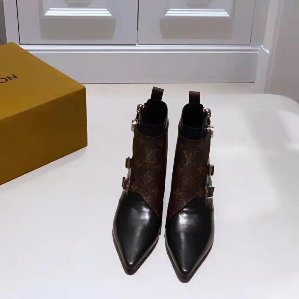 Louis Vuitton LV Women Jumble Flat Ankle Boot in Calf Leather and Patent Monogram Canvas-Black