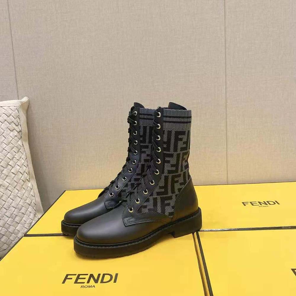 Fendi Women Rockoko Black Leather Biker Boots with Stretch Fabric