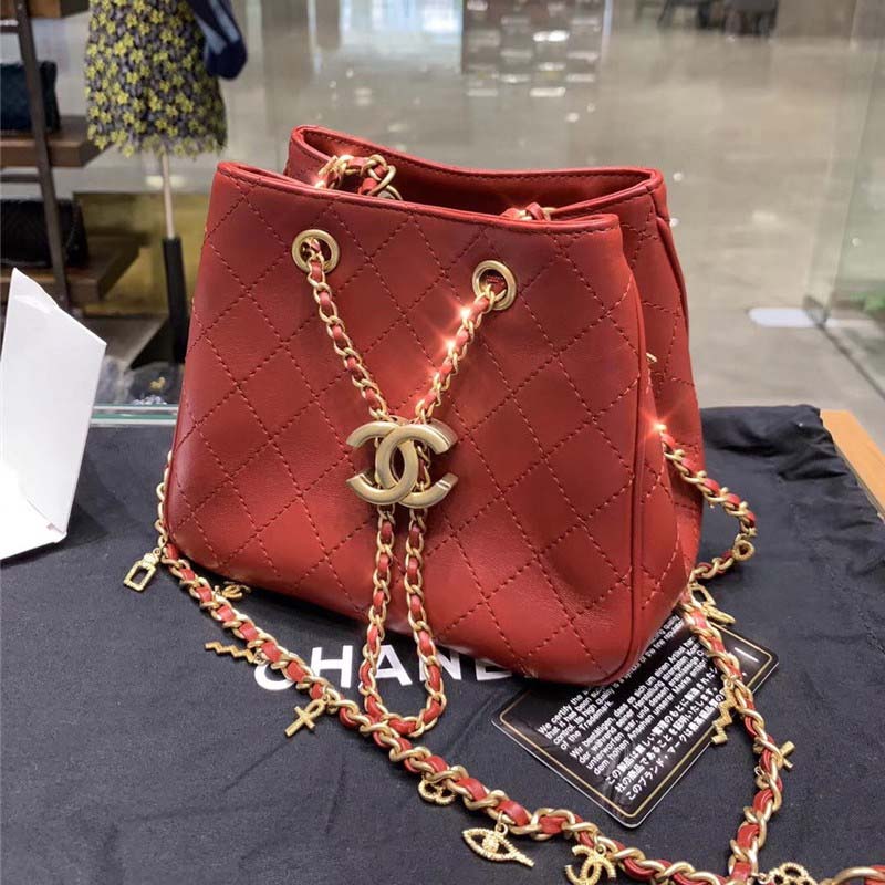 Chanel Women Drawstring Bag in Calfskin Leather-Maroon