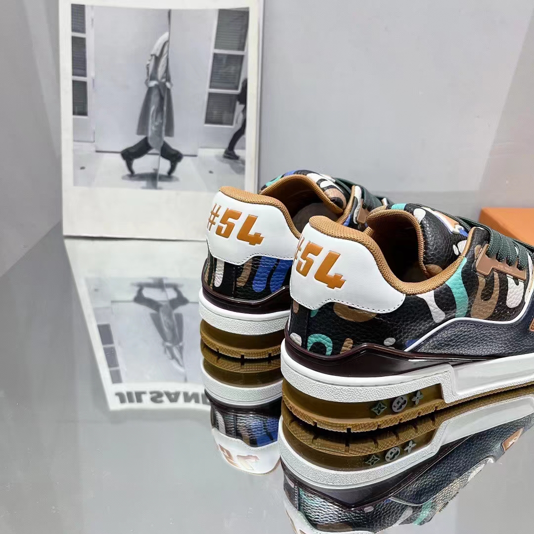 Louis Vuitton Unisex LV x YK LV Trainer Sneaker Khaki Green Camouflage-Printed Canvas Grained Calf