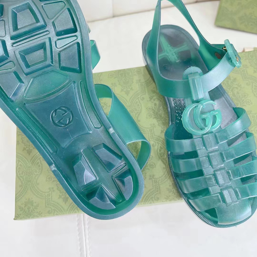 Gucci Unisex GG Sandal Double G Transparent Green Rubber Sole Ankle Buckle Flat