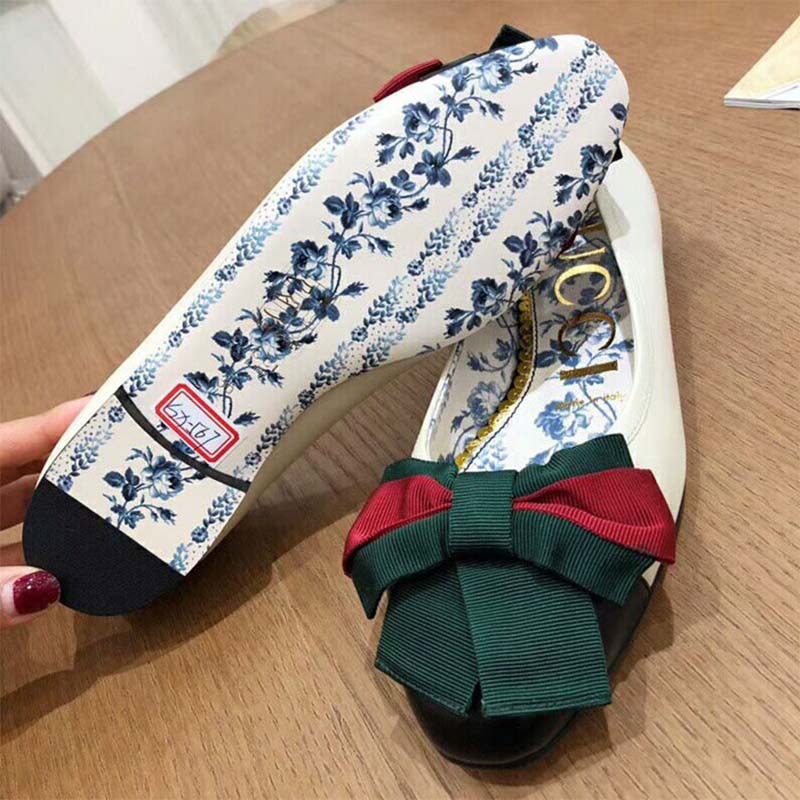 Gucci Women Shoes Leather Ballet Flat with Web Bow 10mm Heel-White