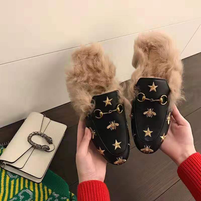 Gucci Unisex Princetown Embroidered Leather Slipper with Bees and Stars in Lamb Wool-Black