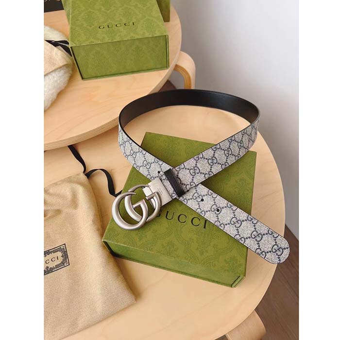 Gucci Unisex GG Marmont Reversible Belt Beige Blue GG Supreme Canvas Double G Buckle