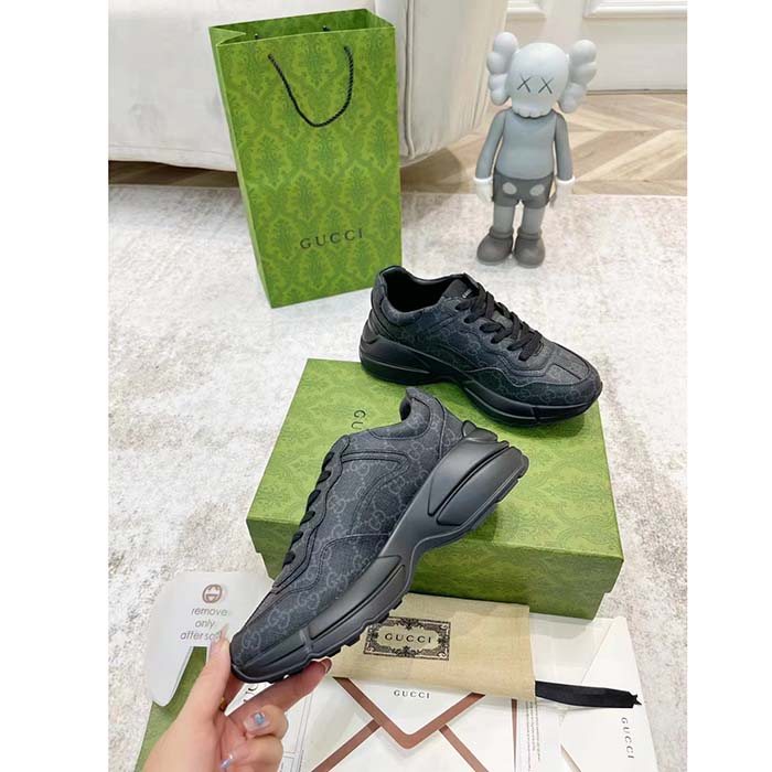Gucci Unisex GG Rhyton Sneaker Black Supreme Canvas Rubber Lace-Up Mid Heel