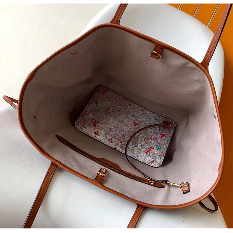 Louis Vuitton LV Women Neverfull MM Tote Bag Silver Coated Canvas Cowhide Leather