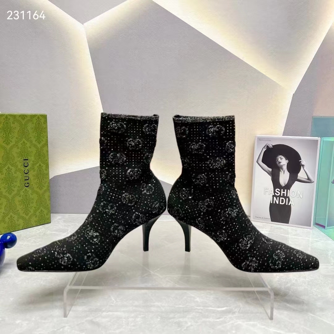 Gucci Women GG Knit Ankle Boots Black Grey Technical Knit Fabric Square Toe Leather Mid-Heel