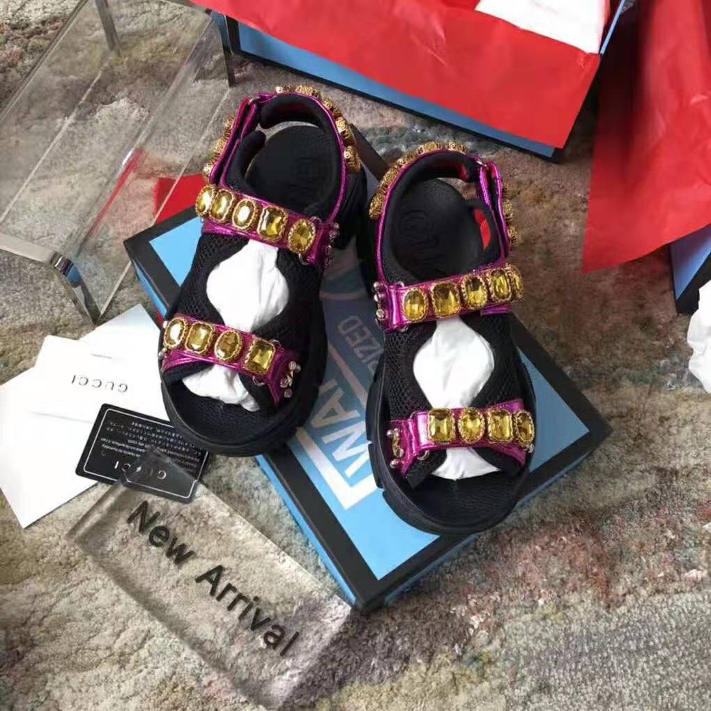 Gucci Women Metallic Leather Sandal with Crystals-Rose