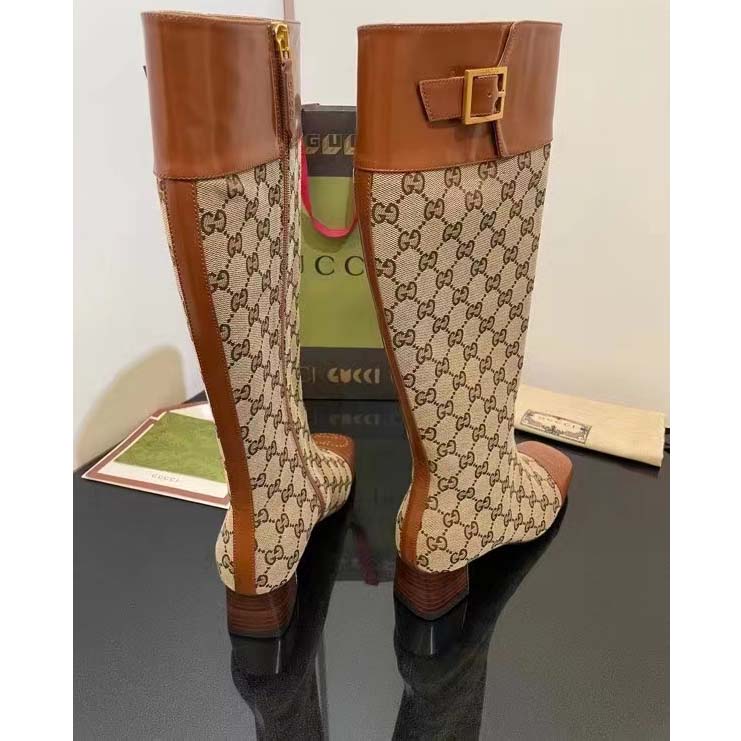 Gucci Blondie Women’s GG Knee-High Boot Beige Ebony Canvas Cuir Leather Low 5 Cm Heel