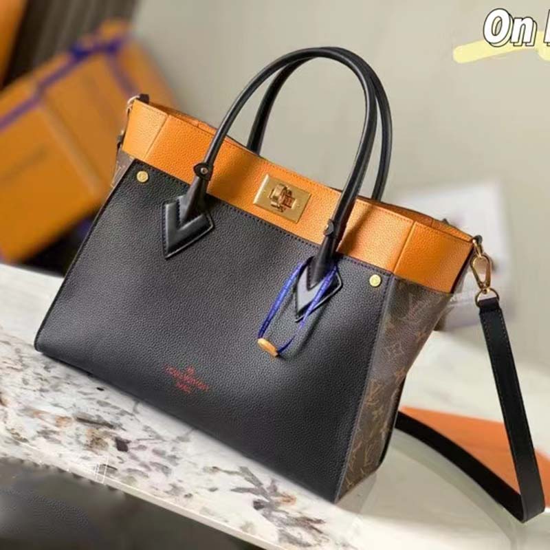 Louis Vuitton LV Women On My Side MM Tote Bag Black Twist Calfskin Monogram Coated Canvas