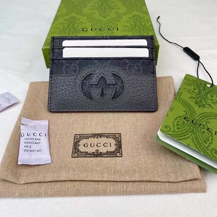 Gucci Unisex Card Case Cut-Out Interlocking G Black Grey GG Supreme Canvas